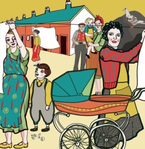 Cartoon of mothers hanging washing out with pram and children and row of terraced houses in banckground